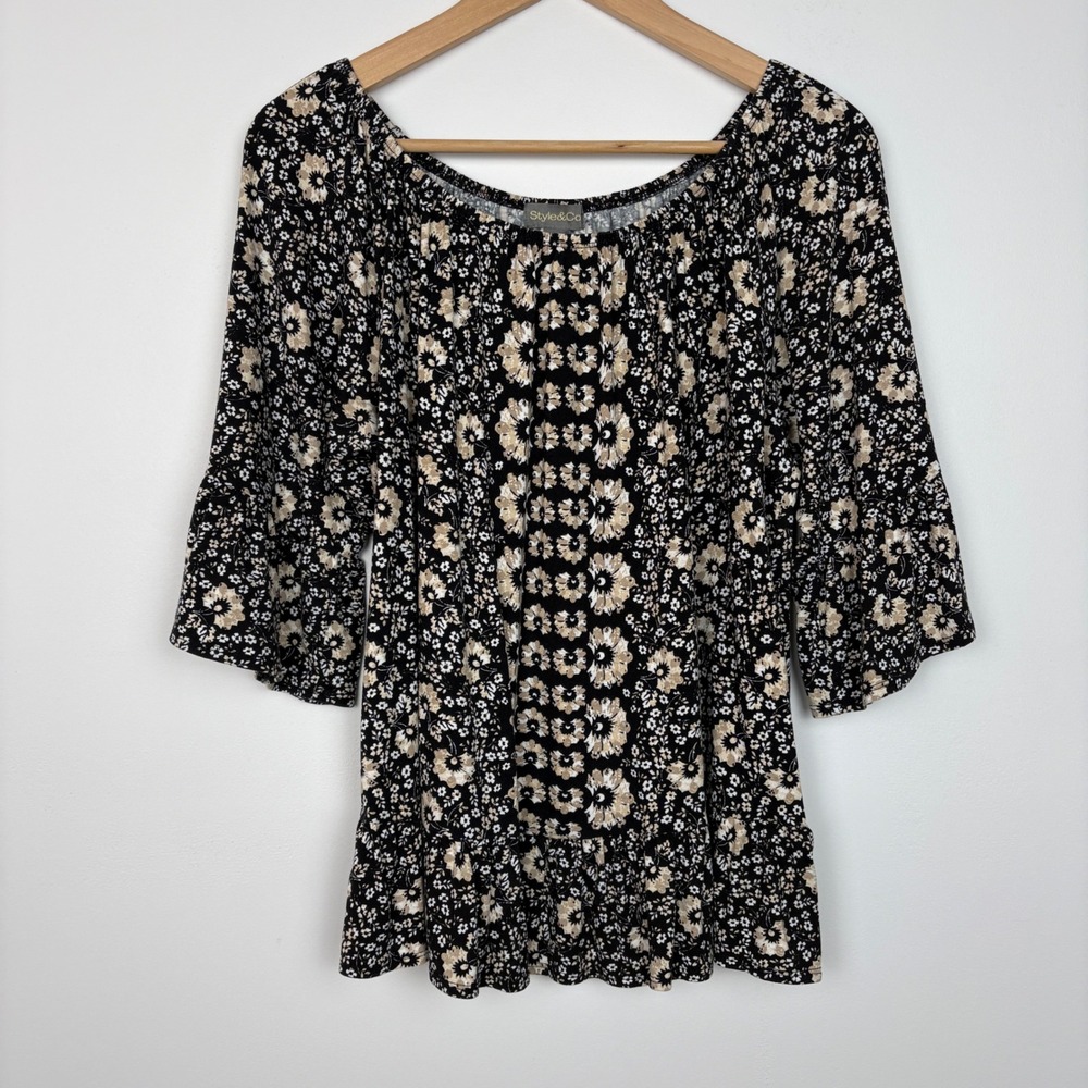 Style & Co Women 3/4 Bell Sleeve Black Floral Off Shoulder Peasant Top 0X Witchy